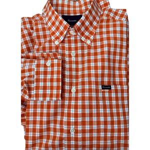 Faconnable Mens Large Orange White Plaid Long Sleeve Button Up Classic Fit Shirt